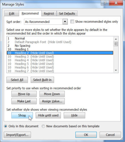 Screen capture of how to add a style to the styles list in an MS Word document.