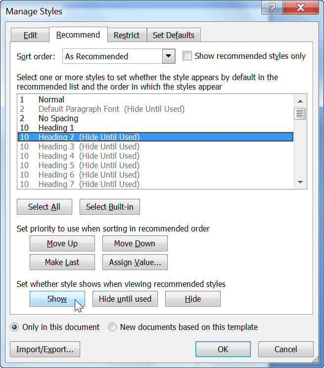 Format a new document in Microsoft Word - Add a style to the Styles list