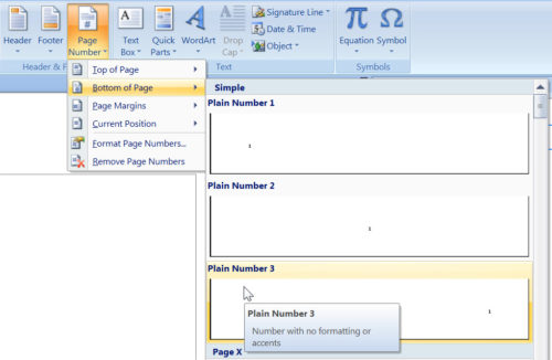Screen capture of how to add page numbers to an MS Word document.