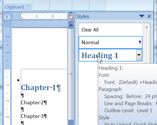 Format a new document in Microsoft Word - Apply Heading 1 style