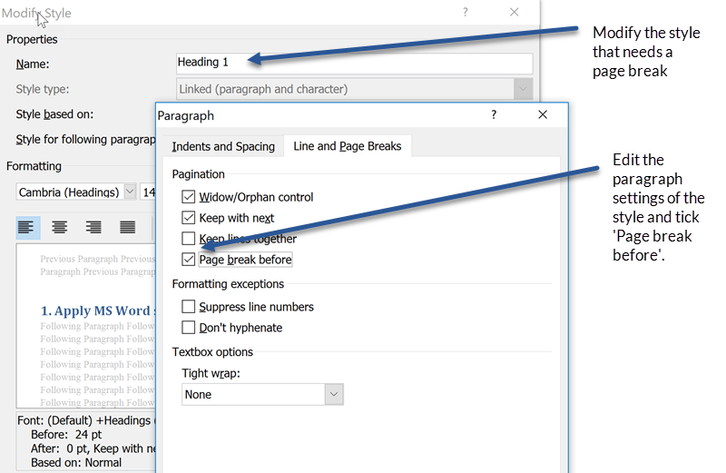 Formatting Microsoft Word documents - page break before Formatting Microsoft Word documents - page break before